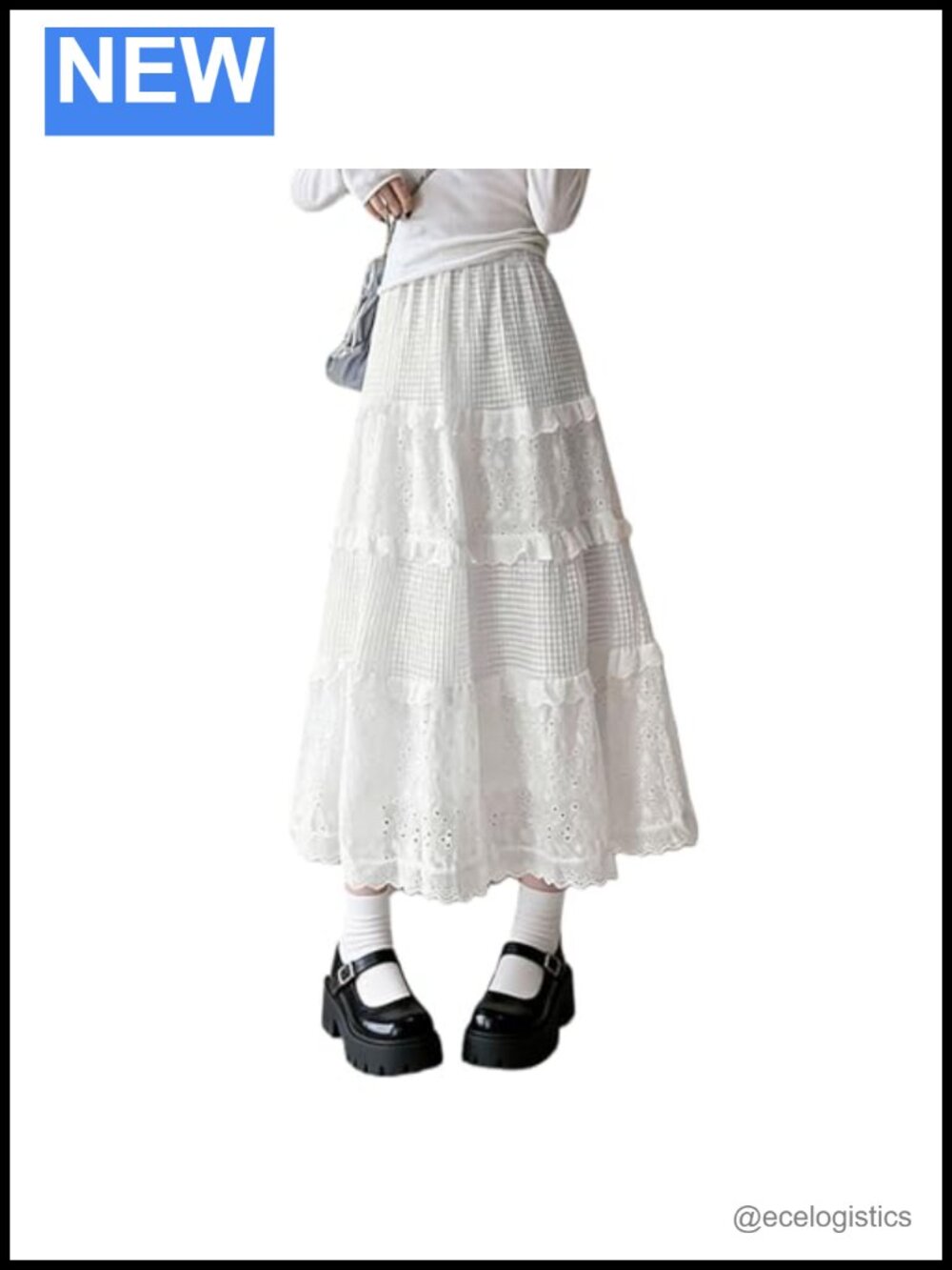 High Waist Flare Maxi Skirt Lace Trim Checkered Stretch Long